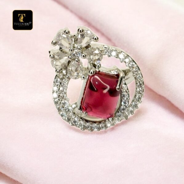 Red Gemstone Floral Halo Ring