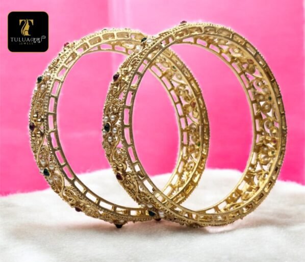 Elegant Gold-Plated Filigree Bangles with Multicolored Stones Bangles - Image 3