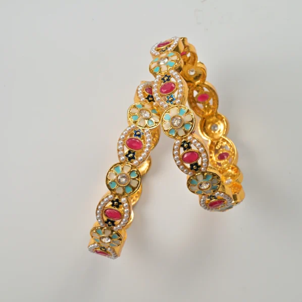 Intricately Designed Gold-Plated Bangles with Enamel and Gemstone - Image 2
