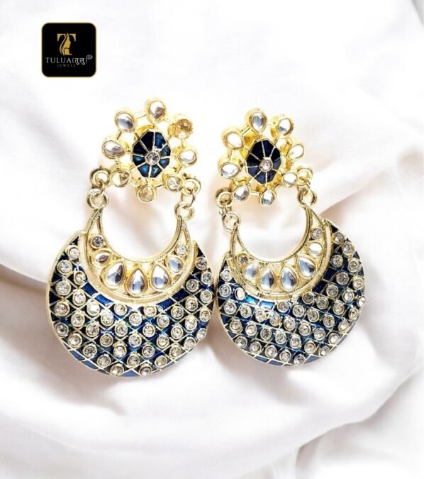 Elegant Gold-Plated Chandbali Earrings with Blue Enamel & Black Enamel  and White Stones - Image 3