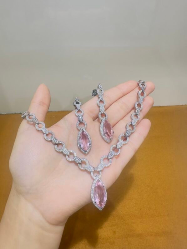 Elegant Pink Stone Necklace and Earring Set by Tuluaa Jewels - Image 3