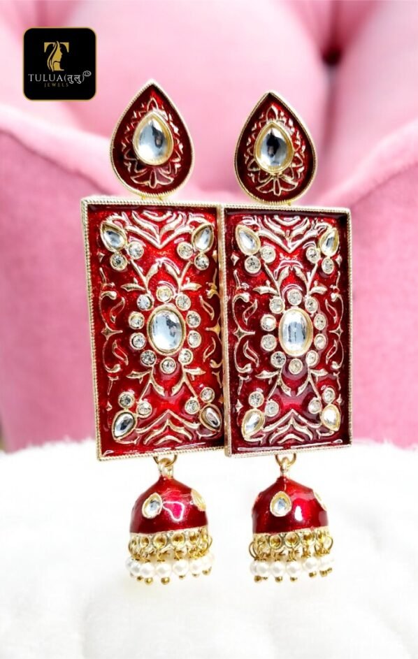 Traditional Red and Green Kundan Enamel Jhumka Earrings with Pearl Detailing - Image 5