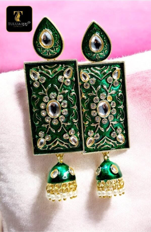 Traditional Red and Green Kundan Enamel Jhumka Earrings with Pearl Detailing - Image 3