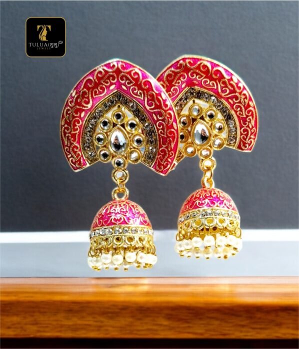 Traditional Red and Gold Kundan Jhumka Earrings with Pearl Drops - Image 3