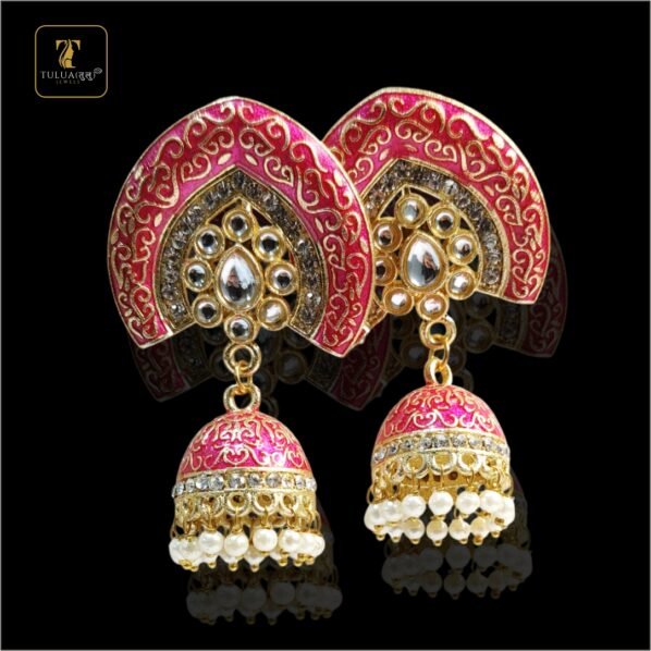 Traditional Red and Gold Kundan Jhumka Earrings with Pearl Drops - Image 2