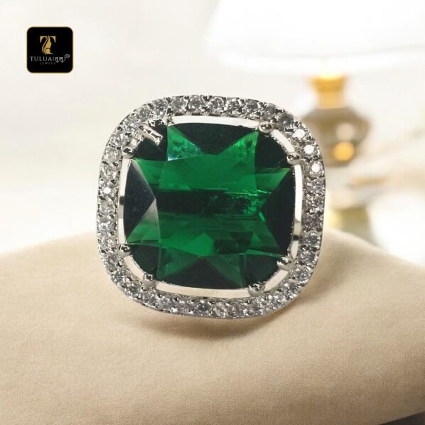 Emerald-Cut Green Gemstone Ring with Diamond Halo in Sterling Silver(Adjustable) - Image 7