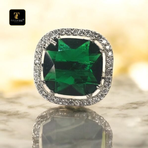 Emerald-Cut Green Gemstone Ring with Diamond Halo in Sterling Silver(Adjustable) - Image 5
