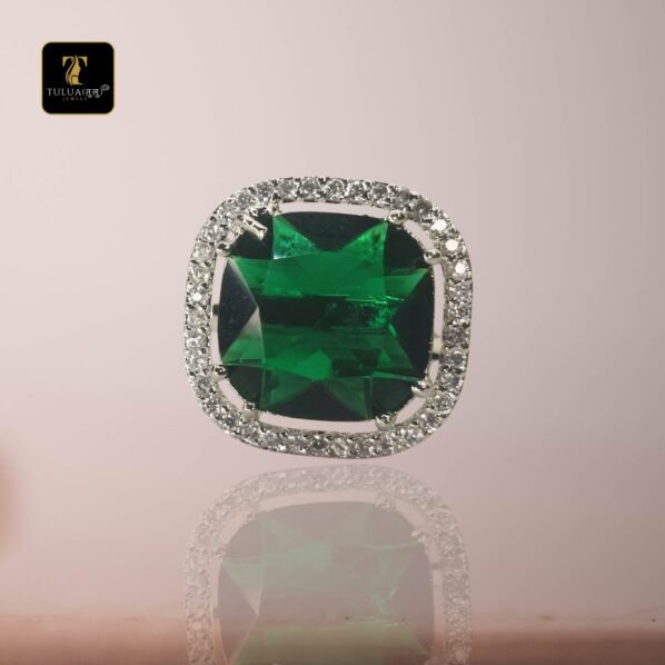 Emerald-Cut Green Gemstone Ring with Diamond Halo in Sterling Silver(Adjustable) - Image 6