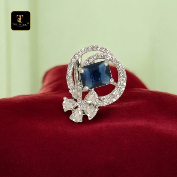 Elegant Red Gemstone Floral Halo Ring with White Crystal Accents - Image 6
