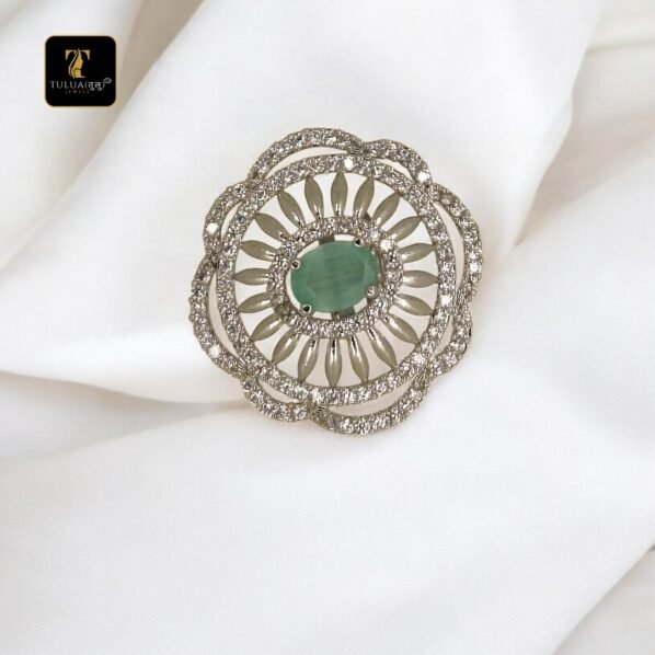 Elegant Silver Ring with Green Gemstone and Sparkling Accents(Adjustable)| Tulua Jewels - Image 5