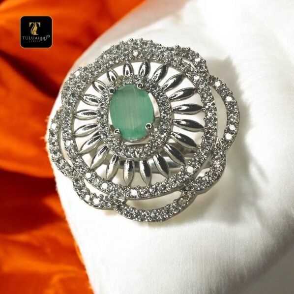 Elegant Silver Ring with Green Gemstone and Sparkling Accents(Adjustable)| Tulua Jewels - Image 4