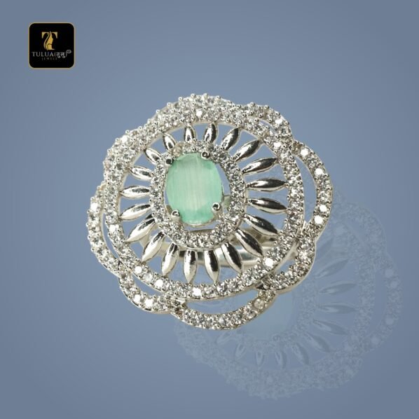 Elegant Silver Ring with Green Gemstone and Sparkling Accents(Adjustable)| Tulua Jewels - Image 3