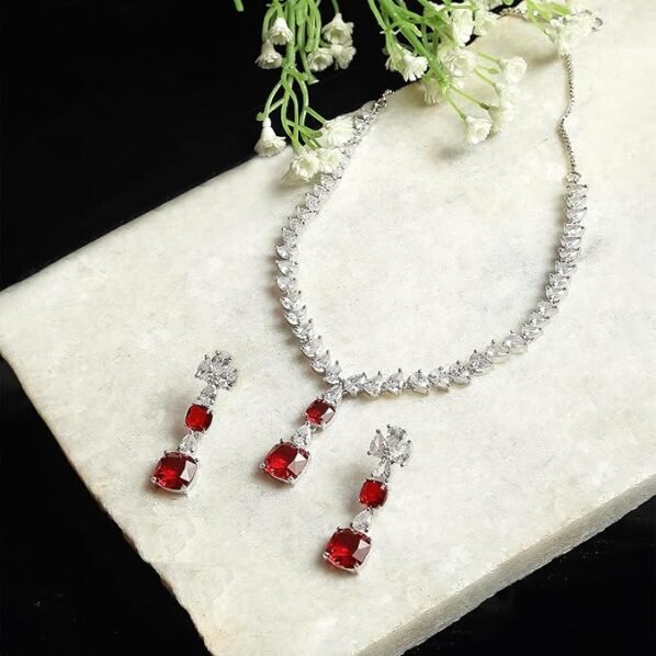 Tulua Jewels Ruby Red Necklace & Earrings Set with Cubic Zirconia Accents - Image 2
