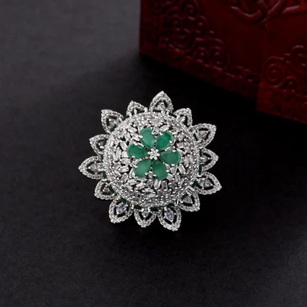 Elegant Silver Ring with Green Gemstone and Sparkling Accents(Adjustable)| Tulua Jewels - Image 2