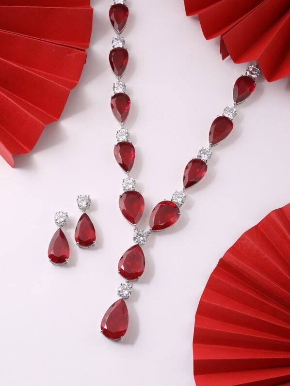Elegant Ruby Red Teardrop Necklace and Earring Set by Tulua Jewels - Image 3