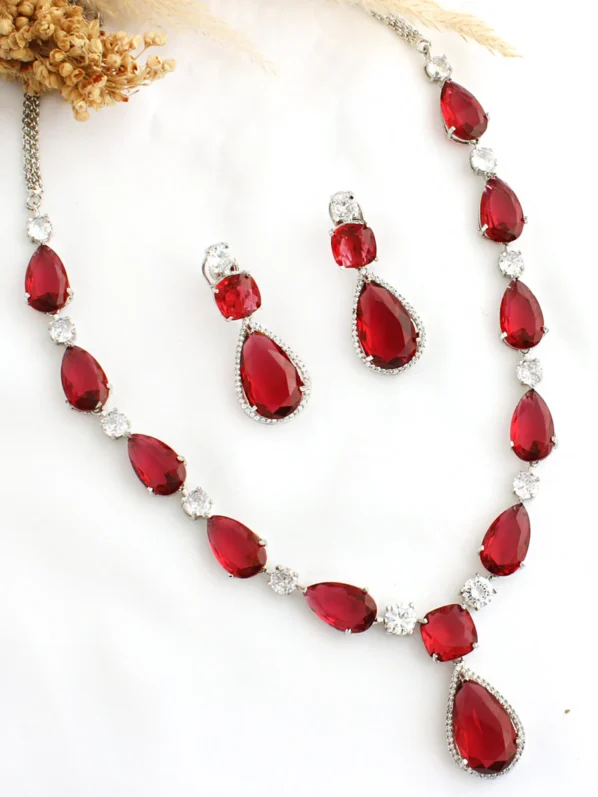 Elegant Ruby Red Teardrop Necklace and Earring Set by Tulua Jewels